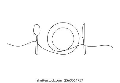 Tableware continuous one line drawing, One line  Drawing or illustration of empty plate and cutlery, One continuous one line hand drawn plate, knife and fork Simple sketch design.