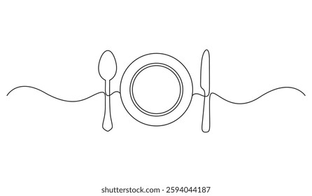 Tableware continuous one line drawing. Single line drawing or illustration of empty plate and cutlery. One continuous line hand drawn plate, knife and fork Simple sketch design. Vector illustration