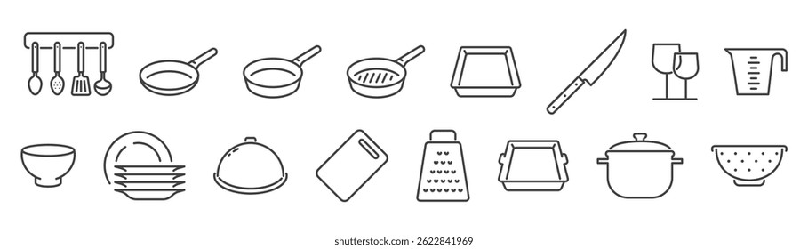 Tableware and cookware linear icons set isolated on transparent background. A set of kitchen icons. Kitchen utensils. Сooking line icons. Editable stroke.