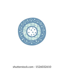 Tableware of crockery element the porcelain or ceramic plate ornate with abstract blue geometric pattern flat vector illustration isolated on white background.