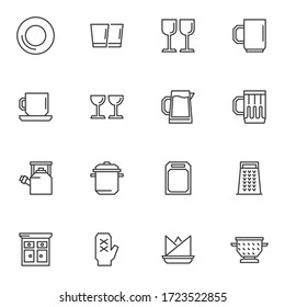 Tableware, crockery line icons set, outline vector symbol collection, linear style pictogram pack. Signs, logo illustration. Set includes icons as plate, wine glass, pitchers, cutting board, kitchen 