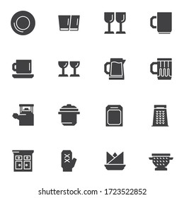 Equipo de mesa, conjunto de iconos vectoriales de vajilla, colección moderna de símbolos sólidos, paquete de pictogramas estilo relleno. Señales, ilustración del logotipo. El juego incluye iconos como plato, vidrio de vino, jarra, tabla de cortar, cocina