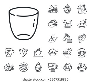 Tableware cup sign. Crepe, sweet popcorn and salad outline icons. Glass line icon. Drink crockery kitchenware pot symbol. Glass line sign. Pasta spaghetti, fresh juice icon. Supply chain. Vector