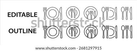 Tableware editable stroke icons including plates, cutlery, forks, knives, spoons, and dining arrangements. Outline vector set for kitchen, restaurant, and food service UI design.