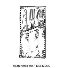 Tableware in envelope. Knife, fork and spoon. Sketch. Engraving style. Vector illustration.