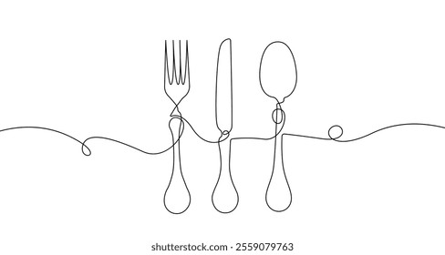 Tableware, Fork, Knife, Spoon in Modern Continuous One Line Style. One Line Drawing of Tableware Vector Illustration. Cutlery Line Art Simple Drawing for Minimalistic Design. Not AI