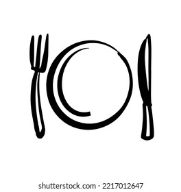 Tableware. Fork, plate and knife. Sketch. Hand-drawn. Icon. Vector doodle illustration