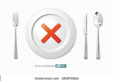Tableware with fork spoon knife and a cross mark on plate show eating incorrectly in life vector illustration graphic EPS 10