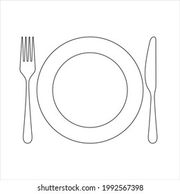 Tableware graphic icon. Isolated sign plate, fork and knife on white background. Vector illustration