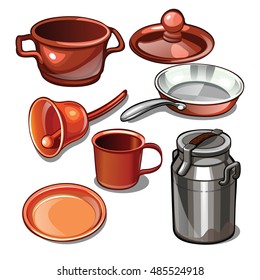 Tableware and household items made of metal isolated on a white background. Vector illustration.