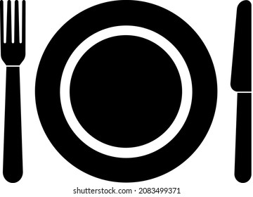 The tableware icon. Fork, plate, knife, black silhouette. Highlighted on a white background. Vector illustration. A series of business icons.