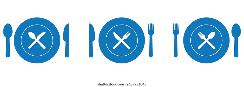 Tableware icon set of fork, knife, spoon. Logotype menu. Cutlery and crockery sign. Vector illustration