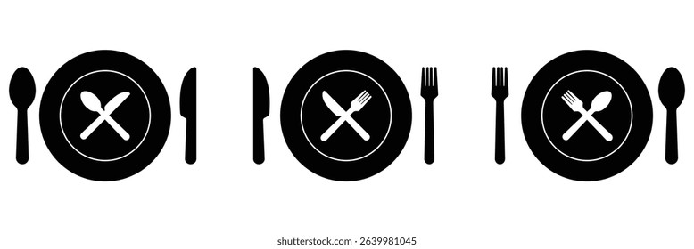 Tableware icon set of fork, knife, spoon. Logotype menu. Cutlery and crockery sign. Vector illustration