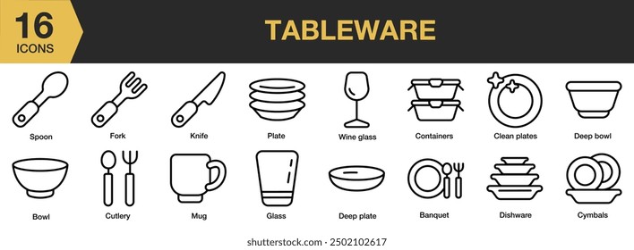 Tableware icon set. Includes spoon, bowl, mug, food container, wine glass, and More. Outline icons vector collection.