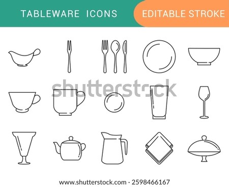 tableware icon set line icon icons sign symbol dishware, kitchenware utensil, editable stroke 