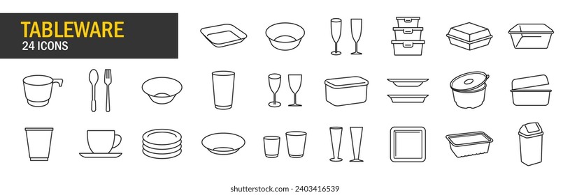 Symbol-Set für die Tablettenware. Viereckige Platten, Schalen, Champagnerbecher, luftdichte Behälter. Symbolvektorkollektion. EPS, PNG, JPG