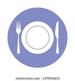 Tableware icon. Sign plate, fork and knife in circle. Isolated image on white background. Symbol serving table. Vector illustration.