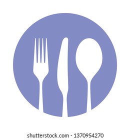 Tableware icon. Sign spoon, fork and knife in the circle. Isolated image on white background. Symbol serving table. Vector illustration.
