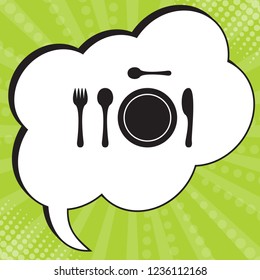Tableware icon. Vector. Black icon in speech bubble at popart yellow green background.