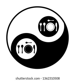 Tableware icon. Vector. Black and white icon inside circles of yin and yang symbol at white background.