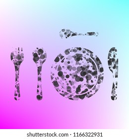 Tableware icon. Vector. Gray icon with bubbled texture at color background with pink and sky blue corners.