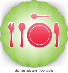 Tableware icon. Vector. Pinkish icon with white contour on green background which similar to flower.