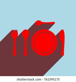 Tableware icon. Vector. Red flat icon with infinte wine shadow to left down corner at sky background.
