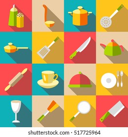 Tableware items icons set. Flat illustration of 16 tableware items vector icons for web