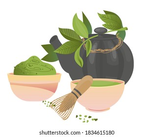 Tableware and leaves of matcha green tea drinking ceremony, flat vector illustration isolated on white background. Japanese or Chinese shredded matcha green tea leaves and cups of hot drink.