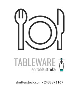 Tableware line icon.Restaurant food symbol.Fork,knife,plate pictogram.Dinner, utensil, table setting sign. Vector graphics illustration EPS 10. Editable stroke