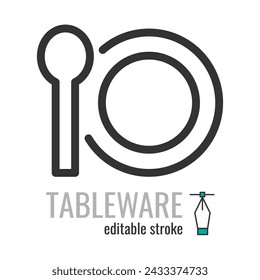 Tableware line icon.Restaurant food symbol.Spoon,plate pictogram.Dinner, utensil, table setting sign. Vector graphics illustration EPS 10. Editable stroke.