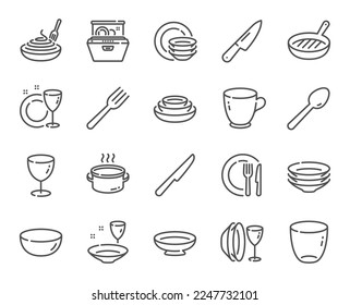 Tableware line icons. Dish plate, Food bowl and Cooking utensils set. Fork, spoon and knife cutlery line icons. Grill pan, dish washer and dish with pasta. Food plate, glass and tea cup. Vector