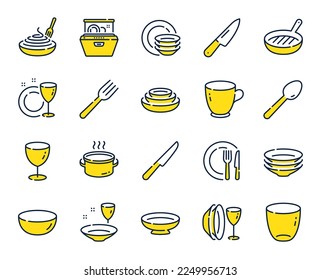 Iconos de la línea de software. Plato de pescado, tazón de comida y utensilios de cocina. Iconos de la línea de la horquilla, cuchara y cuchilla. Cocina a la parrilla, lavavajillas y plato con pasta. Platos, vidrio y taza de té. Vector