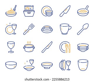 Iconos de la línea de software. Plato de pescado, tazón de comida y utensilios de cocina. Iconos de la línea de la horquilla, cuchara y cuchilla. Cocina a la parrilla, lavavajillas y plato con pasta. Platos, vidrio y taza de té. Vector