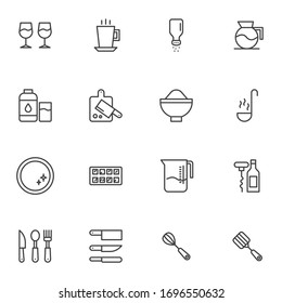 Tableware line icons set. linear style symbols collection, outline signs pack. Kitchen utensils vector graphics. Set includes icons as cutting board, spoon knife fork cutlery, jug pitcher, plate, cup