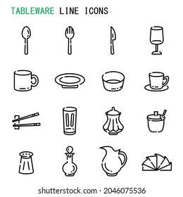 Tableware line icons,  Set of simple various tableware sign line icons, Cute cartoon line icons set, Vector illustration, Various tableware related line icons 