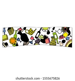 Tableware ornament. Colourful bottles, teapots, vases and boxes. 