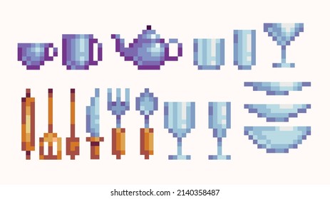 Tableware pixel art set. Dishes, utensils, and glassware collection. 8-bit sprite. Game development, mobile app.  Isolated vector illustration.