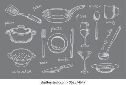 tableware, plate, kitchen, white, vector, silverware, utensil, spoon, mug, dinner, icon, pan, colander, knife, set, fork, glass, kitchen utensils, kitchen table, vine glass, knife and fork