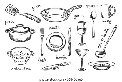 vectorial, plato, cocina, blanco, vectorial, cubiertos, utensil, cuchara, tazón, cena, icono, sartén, colador, cuchillo, tenedor, vidrio, utensilios de cocina, mesa de cocina, vid, cuchillo y tenedor