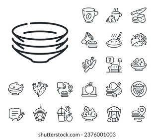 Tableware plates sign. Crepe, sweet popcorn and salad outline icons. Dishes line icon. Food kitchenware symbol. Dishes line sign. Pasta spaghetti, fresh juice icon. Supply chain. Vector