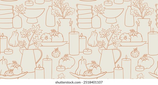 Tableware, pumpkins and leaves seamless pattern. Graphic background with fall elements. Hand drawn farmhouse style illustration and country wallpaper art. Table decor with dishes and candles.