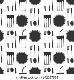 Tableware seamless pattern. Fork, knife, spoon, plate, glass, straw. Eating, drinking background. Hand drawn vector illustration. Black and white sketch dinnerware. Isolated elements, white background