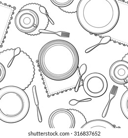 Tableware seamless pattern. Hand-drawn various dishware such as spoon, fork, knife, cups, plates at a table. Black and white colors. Vector background.
