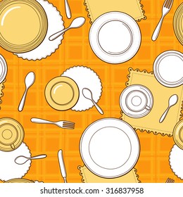 Tableware seamless pattern. Hand-drawn various dishware such as spoon, fork, knife, cups and plates on the yellow checkered tablecloth. Vector background.