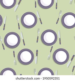 Tableware seamless pattern, plate illustration, ceramic 