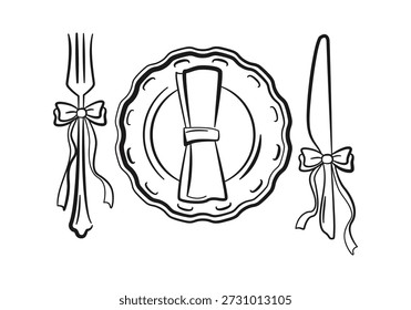 Servicio de vajilla. Menú de Boda, Ducha nupcial. Cena romántica o celebración de bodas. Elementos de novia Coquette. Utensilios de cocina, banquete, fiesta. Dibujado a mano boceto de Vector aislado