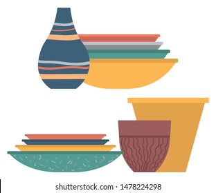 Tableware set, colorful plate, vase with lines, clay bowl and pot. Handmade dishware on white, handicraft plate and jug, ceramic souvenir, kitchen vector