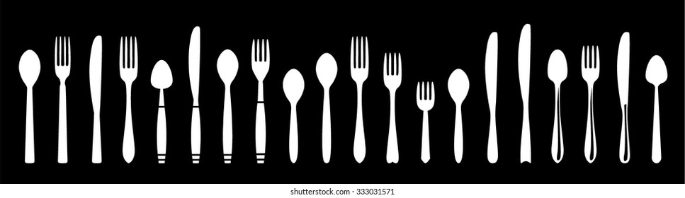 Tableware set in flat style. Silhouette fork, spoon, knife.