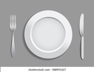 Tableware set for meal food on gray background. Fork plate and knife with shadow